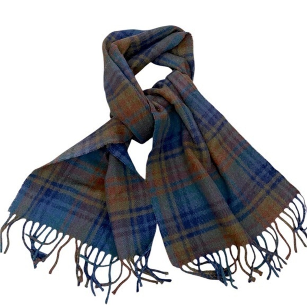 Aqua & rust plaid wool scarf with fringe GORGEOUS